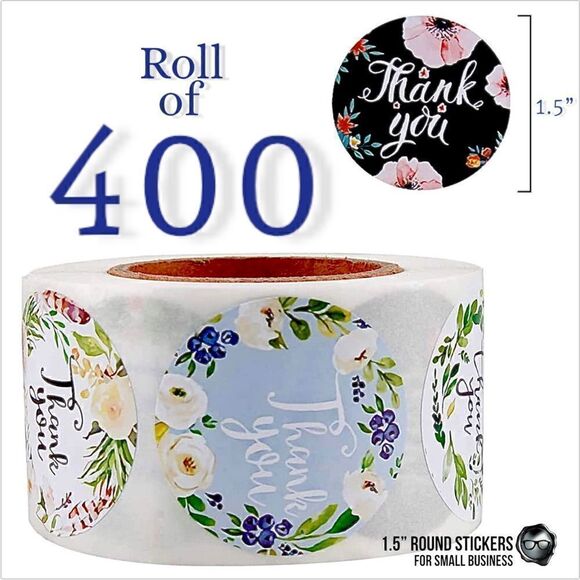 1.5" THANK YOU STICKERS IN 8 FLORAL WREATH DESIGNS BULK ROLL 400 SMALL BUSINESS - Picture 1 of 4